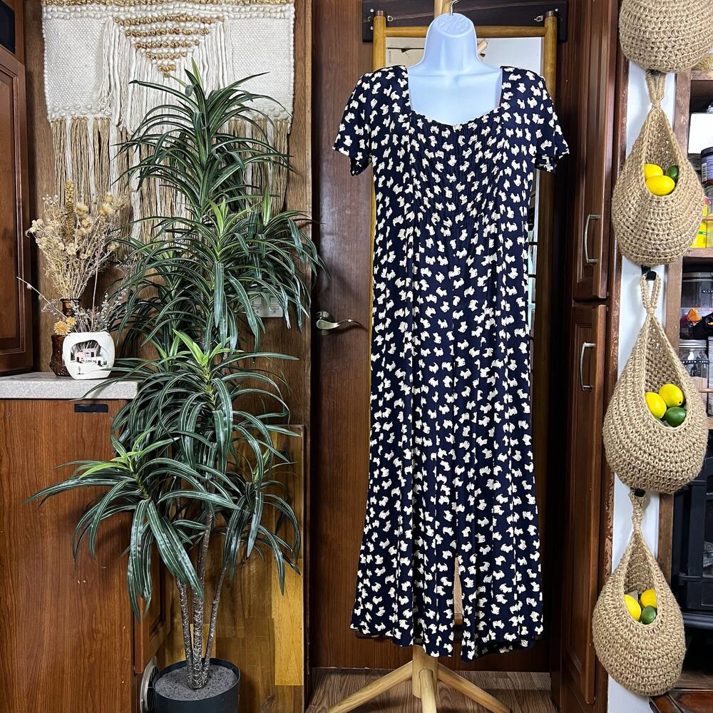 Vintage Scottie Dog Rayon Jumpsuit Petite 7/8 Navy Wide Leg 90s Made USA Print